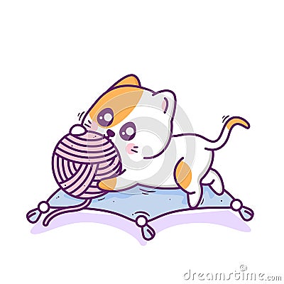 Cute happy cat playing yarn ball Vector Illustration