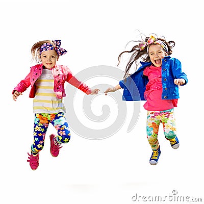 Cute happy children jumping on white background Stock Photo