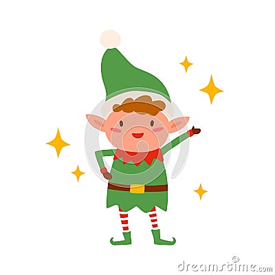 Cute happy christmas elf isolated on white background. Funny little santa helper wearing xmas hat and green costume Vector Illustration