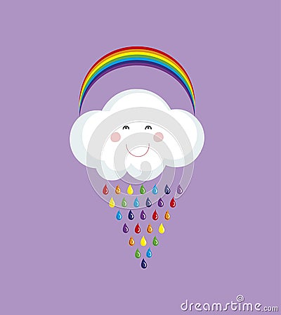 Cute happy cloud with colorful rain drops.Rainbow vector background. Vector Illustration