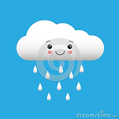 Cute happy cloud with rain drops, spring or autumn weather icon on blue background Stock Photo