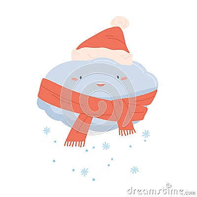 Cute happy cloud in scarf and red Santa hat with falling snowflakes. Snow and cold winter weather icon with funny Cartoon Illustration