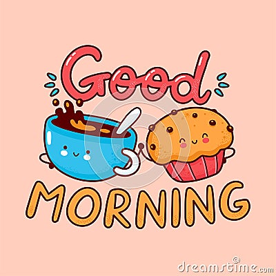 Cute happy coffee mug and muffin cake Vector Illustration