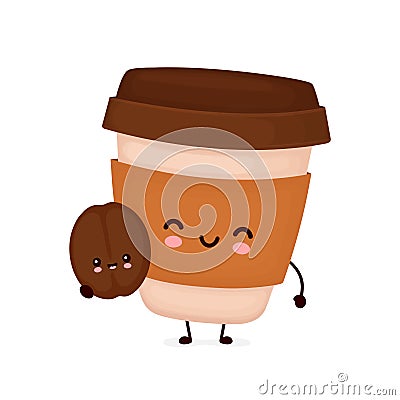 Cute happy coffee paper cup with brown bean Vector Illustration