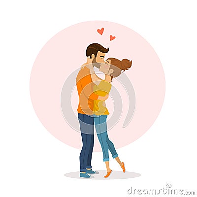 Cute happy couple in love embrace and kissing Vector Illustration