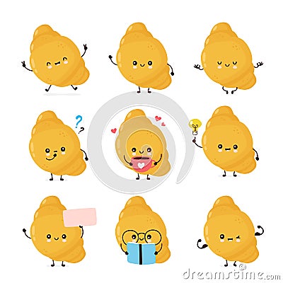 Cute happy croissant set collection Vector Illustration