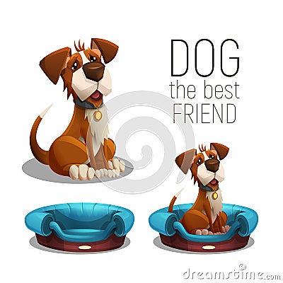 Cute happy dog sitting on dog bed isolated on white background. Vector Illustration