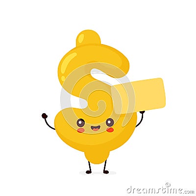 Cute happy dollar sign character with placard Vector Illustration