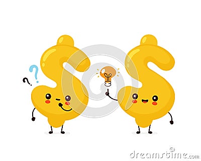 Cute happy dollar with question and lightbulb Vector Illustration