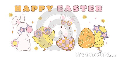 Cute Happy Easter banner with Groovy Easter Chicks and Retro bunny. Playful cartoon doodle animal character hand drawing Vector Illustration