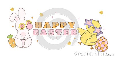 Cute Happy Easter banner with Groovy Easter Chicks and Retro bunny. Playful cartoon doodle animal character hand drawing Vector Illustration