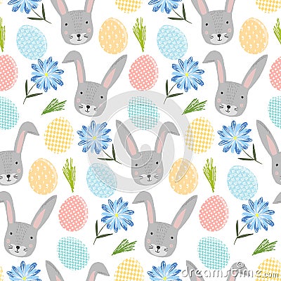 Cute pattern with cartoon rabbits, eggs and flower Vector Illustration