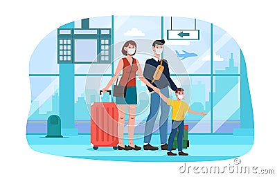 Cute happy family with suitcases walking together at the airport in face masks Vector Illustration