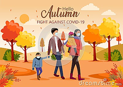 Cute happy family walking in nature. Hello Autumn Vector illustration with beautiful landscape . covid-19, corona virus concept Vector Illustration