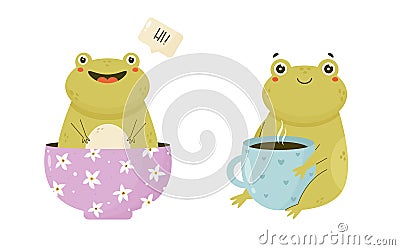 Cute happy frogs sitting in a bowl, with a cup of coffee Stock Photo