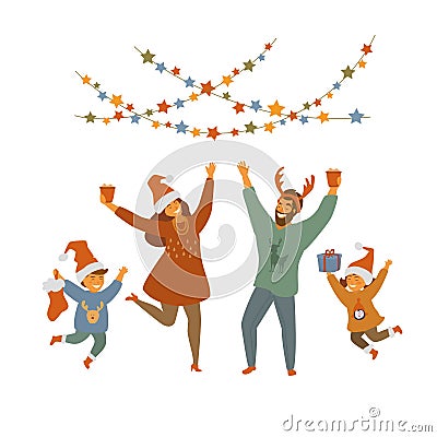 Cute happy fun family celebrating christmas isolated vector illustration Vector Illustration