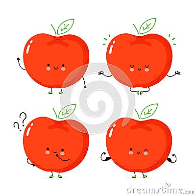 Cute happy funny apple set collection Vector Illustration