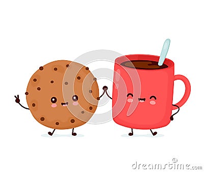 Cute happy funny chocolate cookie and coffee cup Vector Illustration