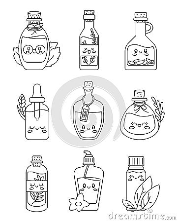 Cute happy funny herbal oil bottle. Coloring Page Vector Illustration