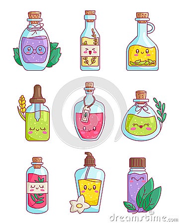 Cute happy funny herbal oil bottle Vector Illustration