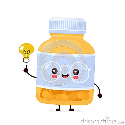 Cute happy funny pill bottle with light bulb Vector Illustration