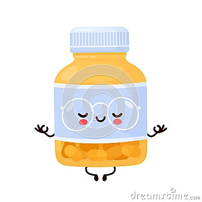 Cute happy funny pill bottle meditate Vector Illustration