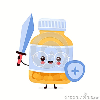 Cute happy funny pill bottle with sword and shield Vector Illustration