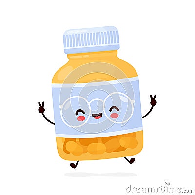 Cute happy funny pill bottle. Vector cartoon Vector Illustration