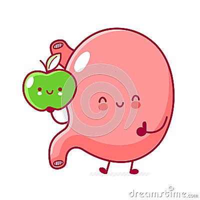 Cute happy funny stomach organ with apple Vector Illustration