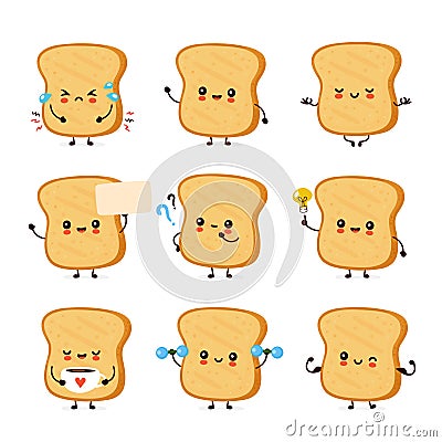 Cute happy funny toast set collection Vector Illustration