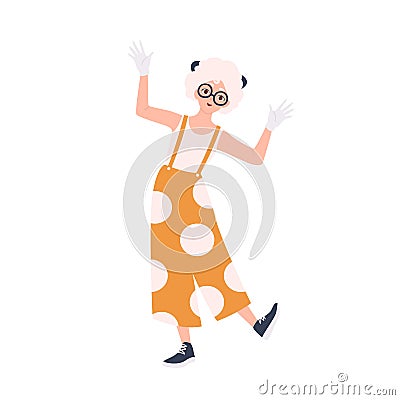 Cute happy girl in overalls entertaining public. Female mime, entertainer or animator isolated on white background Vector Illustration