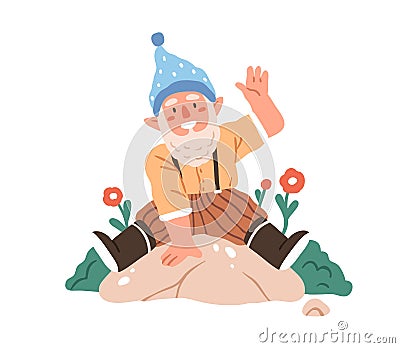 Cute happy gnome smiling, having fun, joy. Funny fairy dwarf laughing, waving with hand. Excited joyful elf, bearded man Vector Illustration