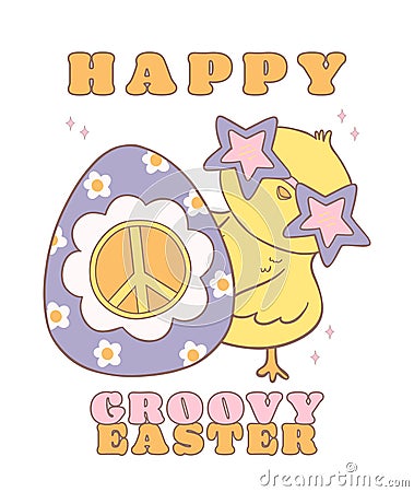 Cute Happy Groovy Easter Chick with Retro Easter egg. Playful cartoon doodle animal character hand drawing Vector Illustration