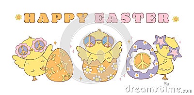 Cute Happy Groovy Easter Chicks with Retro Easter eggs banner. Playful cartoon doodle animal character hand drawing Vector Illustration