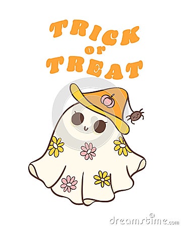 Cute happy Halloween retro ghost with daisy flowers cartoon doodles. Trick or treat Vector Illustration