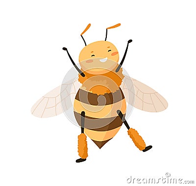 Cute happy honey bee dancing with paws up. Funny adorable smiling honeybee. Cheerful bumblebee or wasp with delighted Vector Illustration