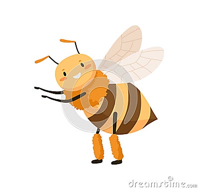 Cute happy honey bee dancing and pointing at smth with small paws. Funny adorable smiling honeybee. Cheerful bumblebee Vector Illustration