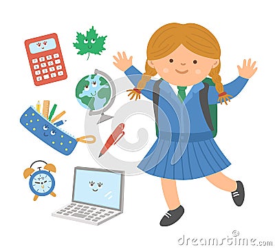 Cute happy jumping schoolgirl with flat style kawaii classroom objects. Back to school vector set of smiling elements with pupil Vector Illustration