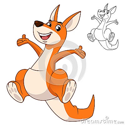 Cute Happy Kangaroo Jumping with Line Art Drawing Vector Illustration