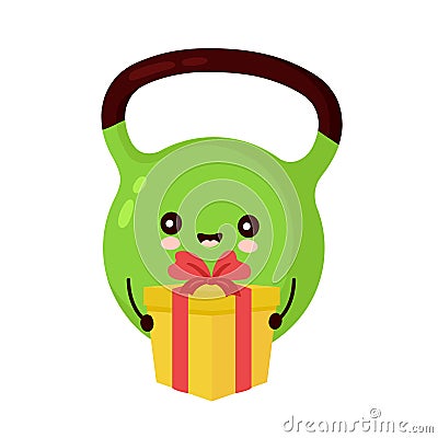 Cute happy kettlebell character with gift box Vector Illustration