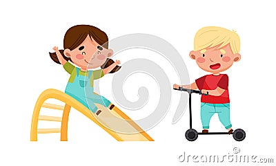 Cute happy kids sliding on slide and riding kick scooter set cartoon vector illustration Vector Illustration