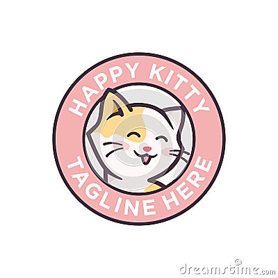 Cute happy kitty cartoon character logo design illustration. adorable cat mascot cartoon. smiling cat cartoon label logo Cartoon Illustration