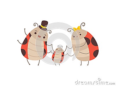 Cute Happy Ladybug Family, Cheerful Mother, Father and Their Little Baby, Adorable Cartoon Insects Characters Vector Vector Illustration