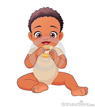 Cute happy little Black baby biting a teether. Vector illustration isolated on white background. Vector Illustration