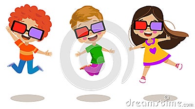 Cute and happy little kids with cinema glasses Stock Photo