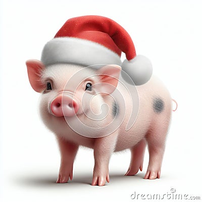 cute and happy little piglet wearing a santa hat Stock Photo