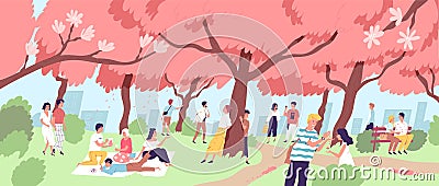 Cute happy men and women viewing cherry blossom at city park. Smiling people watching blooming sakura trees at Japanese Vector Illustration