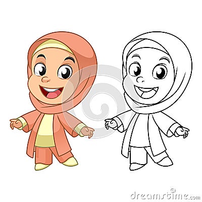 Cute Happy Muslim Girl Wearing Hijab with Line Art Drawing, Children, Vector Character Illustration Mascot in Isolated White Vector Illustration