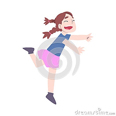 Cute Happy Naughty Little Girl with Braids Running Cartoon Style Vector Illustration Vector Illustration