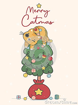 Cute happy naughty orange ginger kitten cat hanging on Christmas decorated pine tree, merry catmas, cartoon animal character hand Vector Illustration